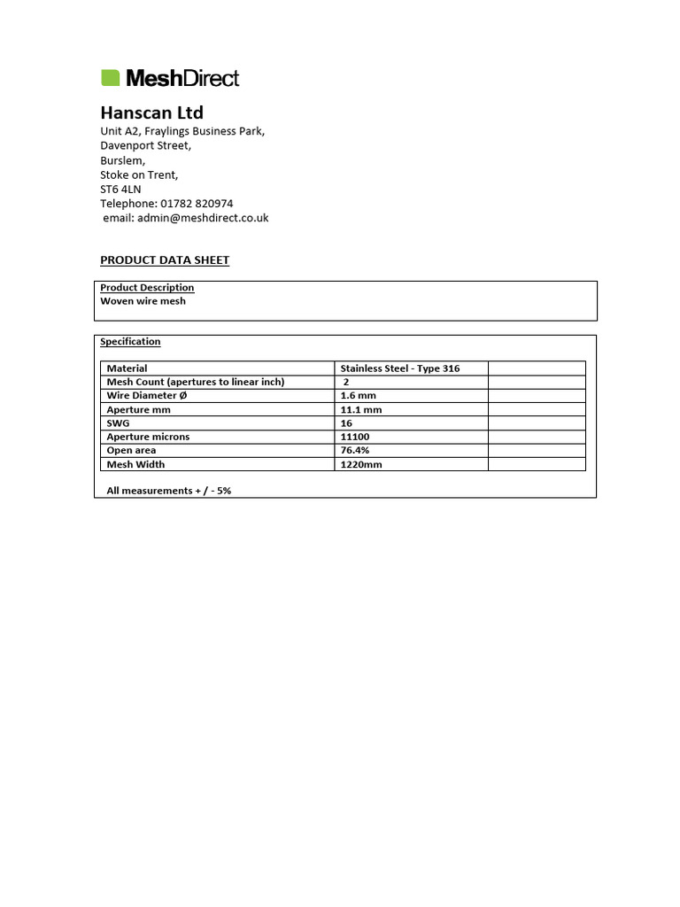 Product Data Sheet 2 Mesh-316 1 | PDF