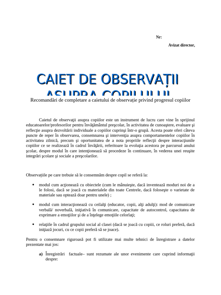 Caiet de Observati Invatamant Prescolar | PDF
