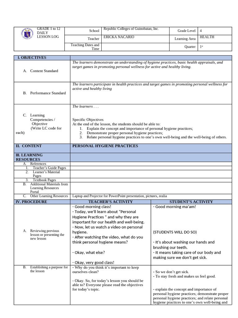 Personal Hygiene Practices for Grade 4 | PDF | Hygiene | Oral Hygiene