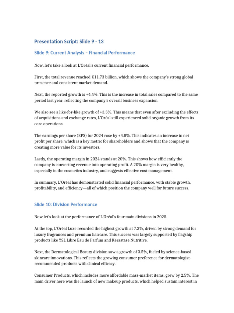 Loreal Slide 9 To 13 Script | PDF | Innovation | Economies