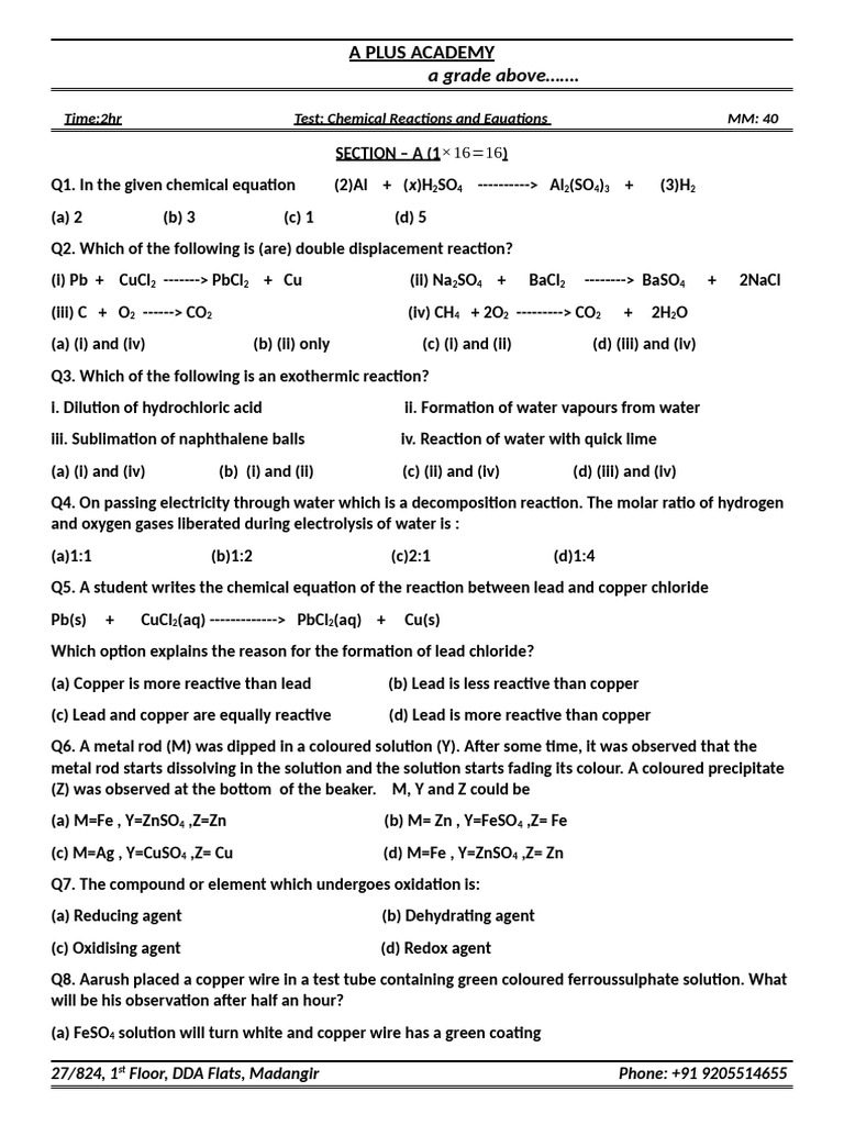 Chemical Reactions Test Questions | PDF | Redox | Chemical Reactions