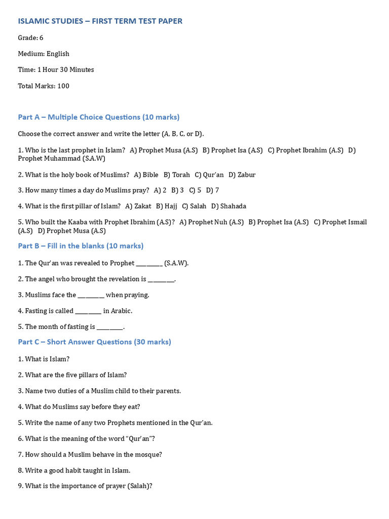 Islamic Studies First Term Grade 6.docx 20250519 131021 0000 | PDF