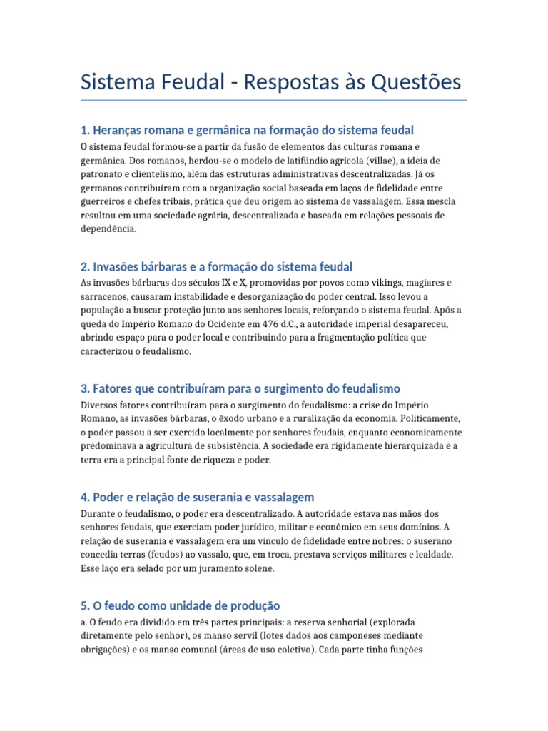 Sistema Feudal: Perguntas e Respostas | PDF | Feudalismo | Servidão
