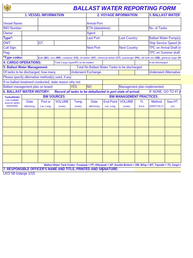 Ballast Water Reporting Form | PDF | Oil Tanker | Ships