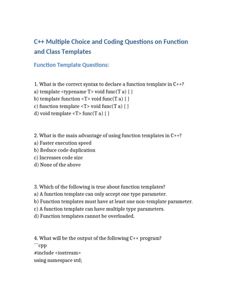 C++ Function and Class Template Quiz | PDF | C++ | Parameter (Computer ...