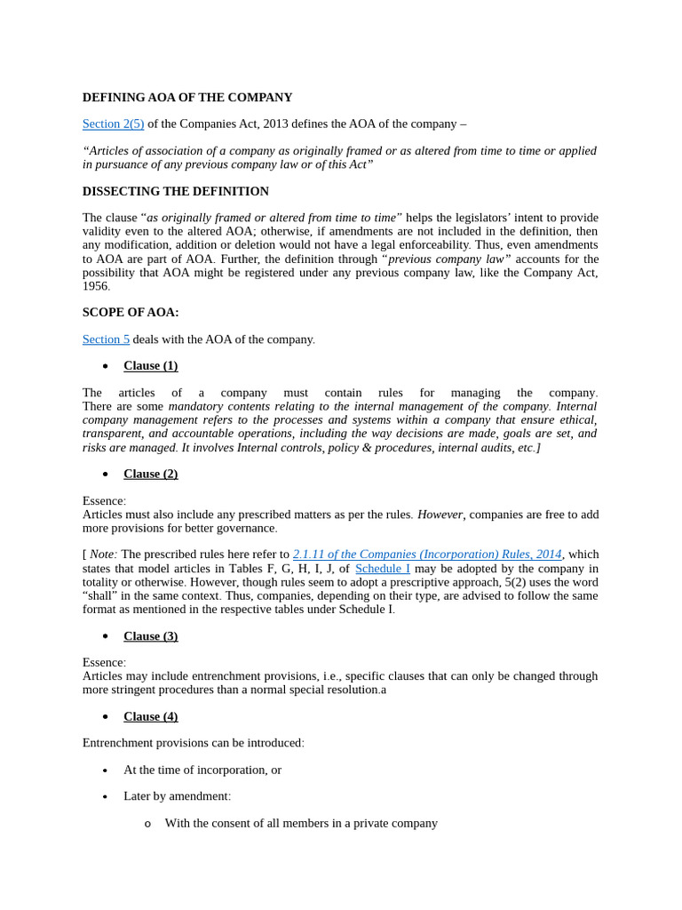 Understanding AOA in Company Law | PDF | Articles Of Association ...