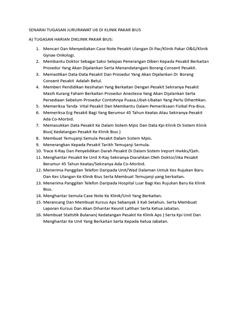Tugas Jururawat U6 di Klinik Bius | PDF