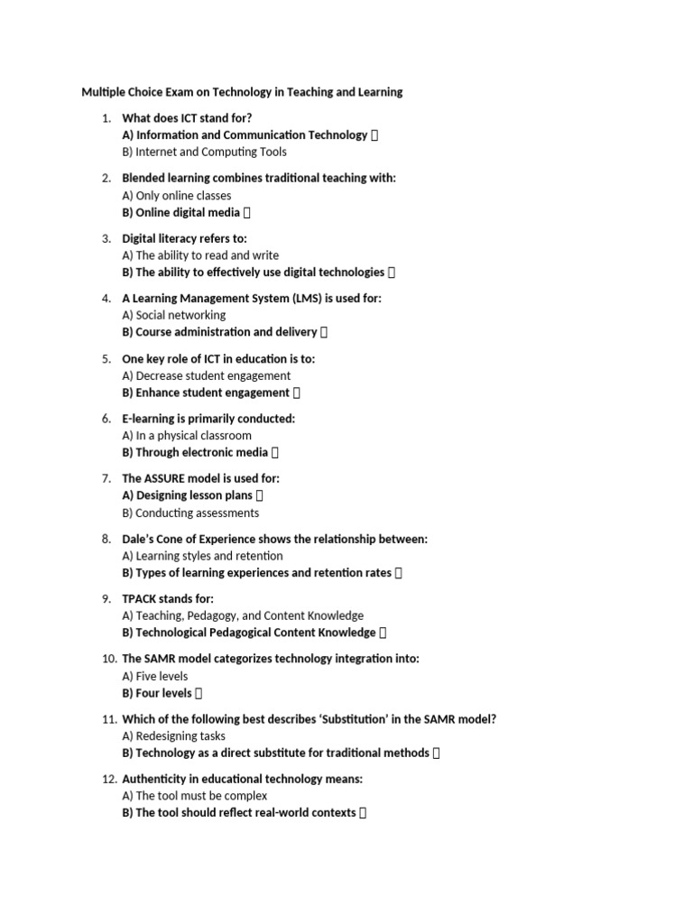 Multiple Choice Exam On Technology in Teaching and Learning | PDF ...