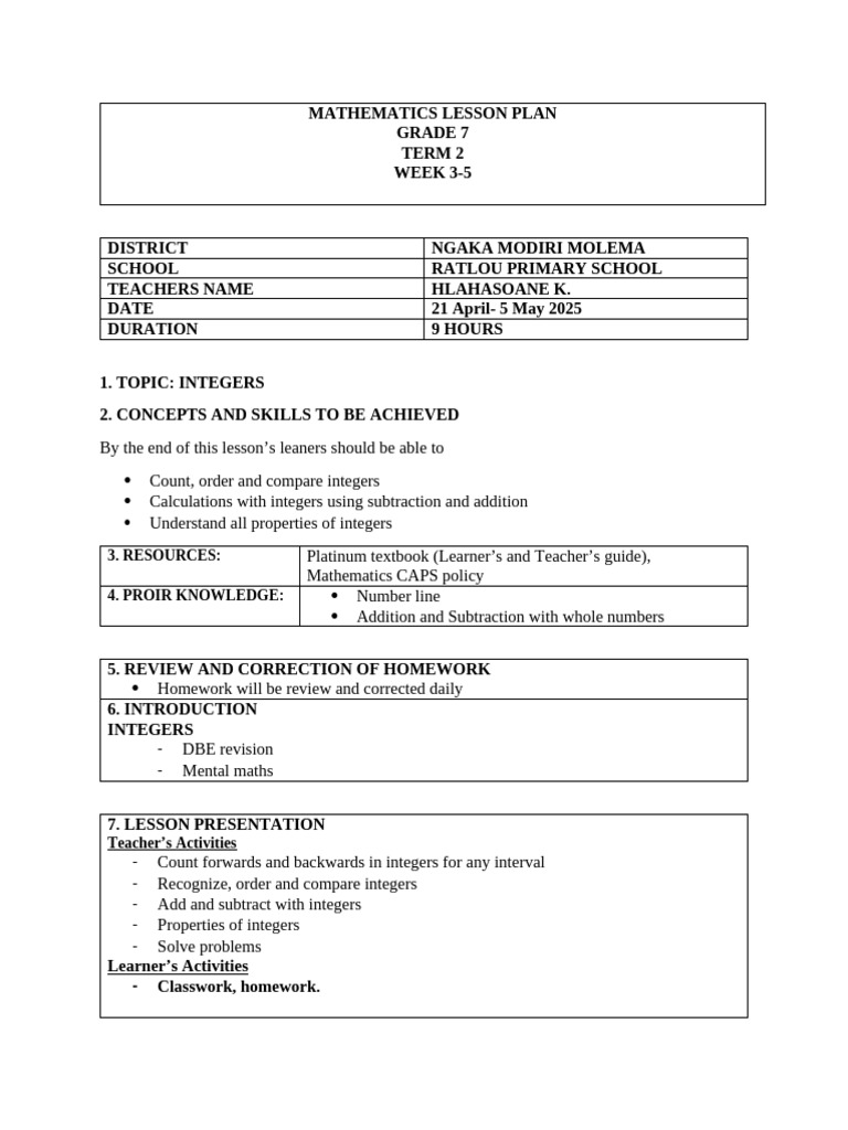 MATHEMATICS LESSON PLAN GRADE 7 Week 3-5 T2 | PDF