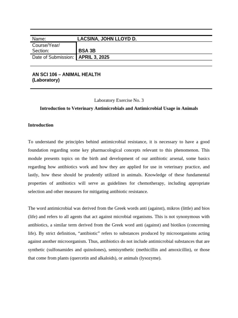 AS 106 Animal Health - Laboratory Exercise No. 3 | PDF | Antimicrobial ...