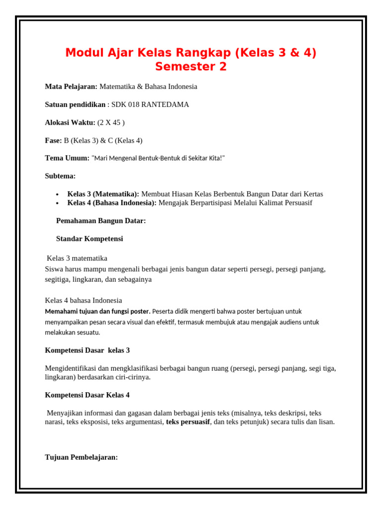 Modul Ajar Kelas Rangkap 3 & 4 | PDF