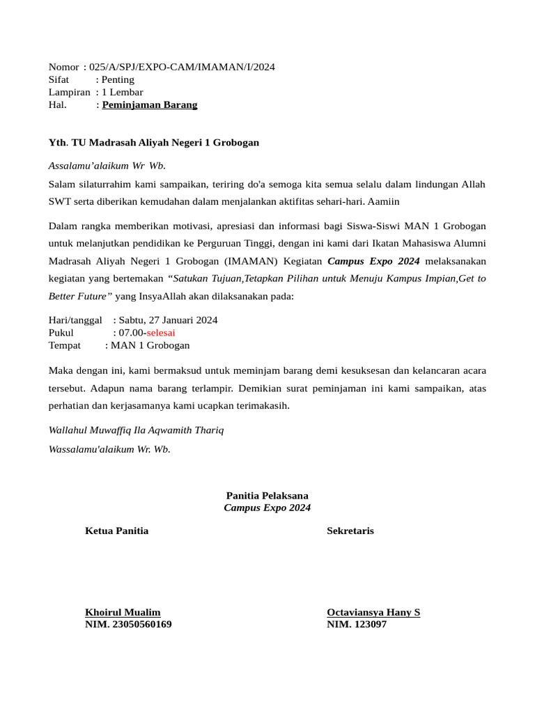 Surat Peminjaman Barang Campus Expo 2024 | PDF