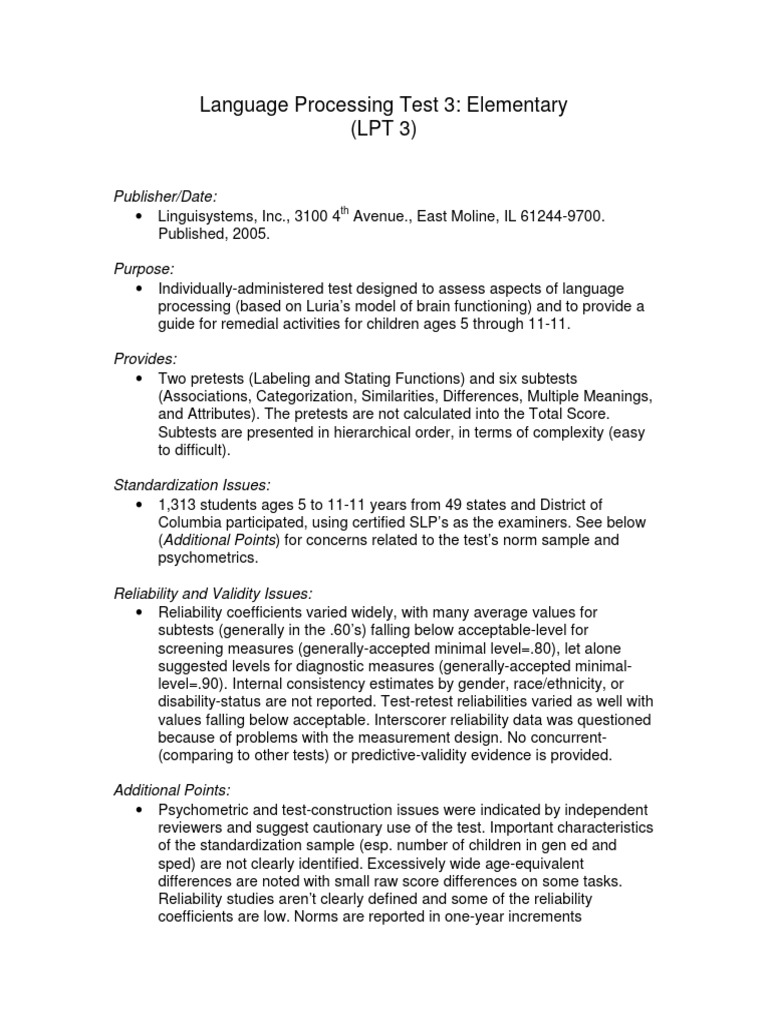LPT 3: Language Processing Assessment | PDF | Psychometrics ...