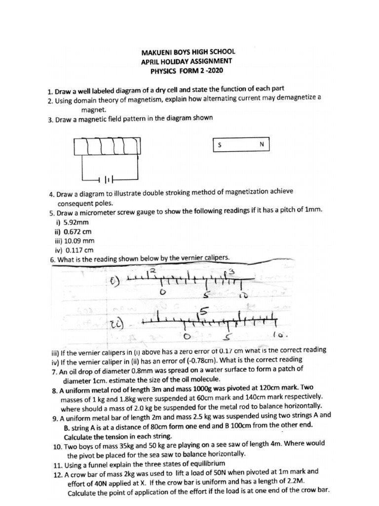 Physics Form 2 April 2020 Assignments | PDF