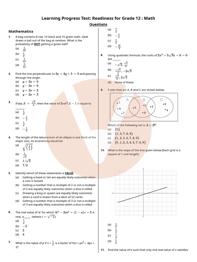 Grade 12 Math Readiness Test Questions | PDF | Mathematics ...