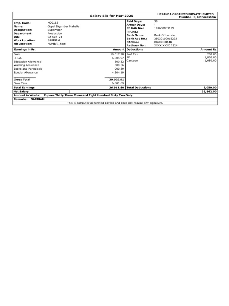 March 2025 Salary Slip for Gopal Mahalle | PDF | Taxes | Government ...