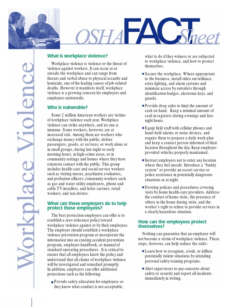 Factsheet Workplace Violence Occupational Safety And Health