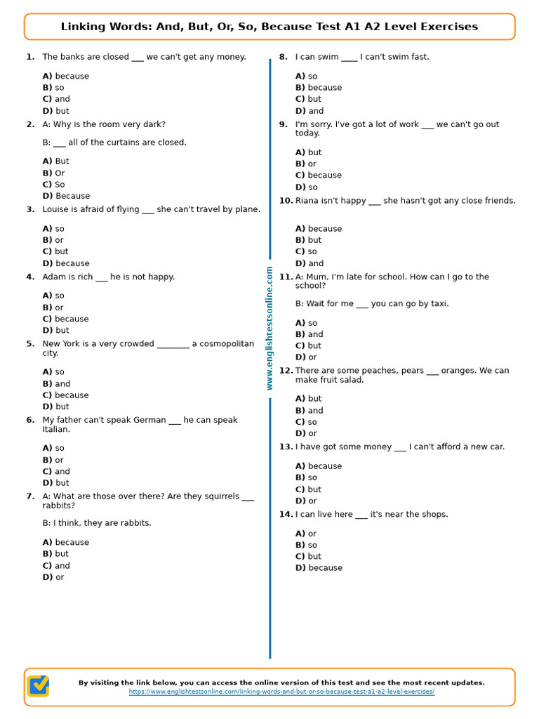 414 Linking Words and But or So Because Test A1 A2 Level Exercises ...