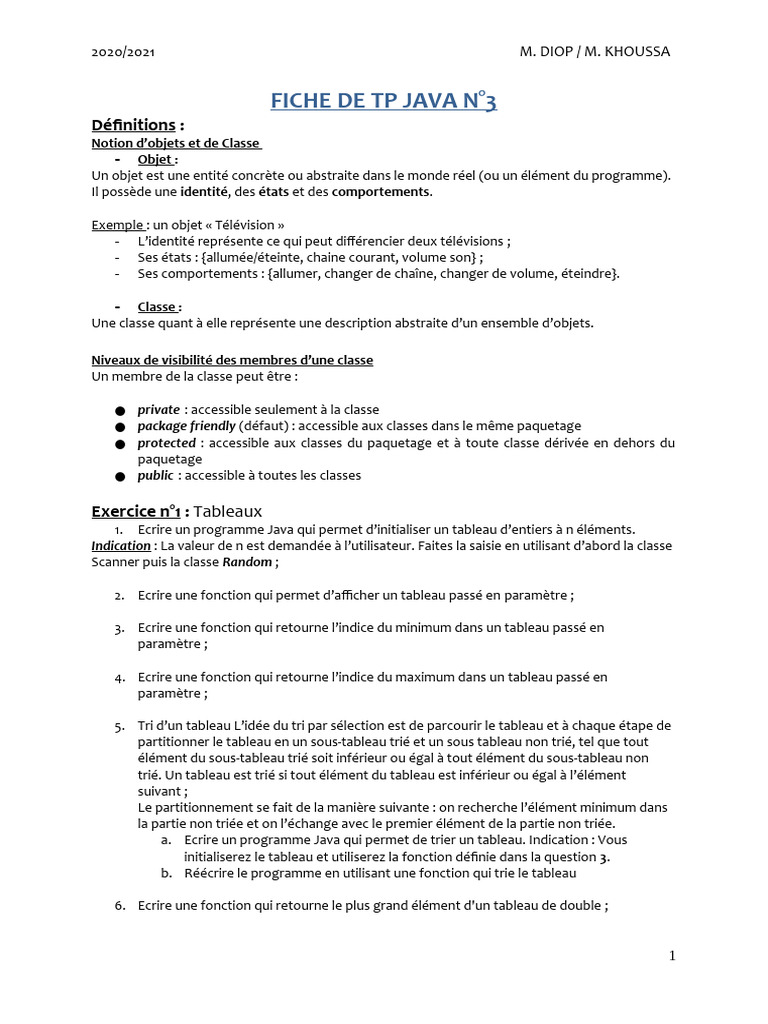 TP Java : Objets, Classes et Tableaux | PDF | Programme informatique ...