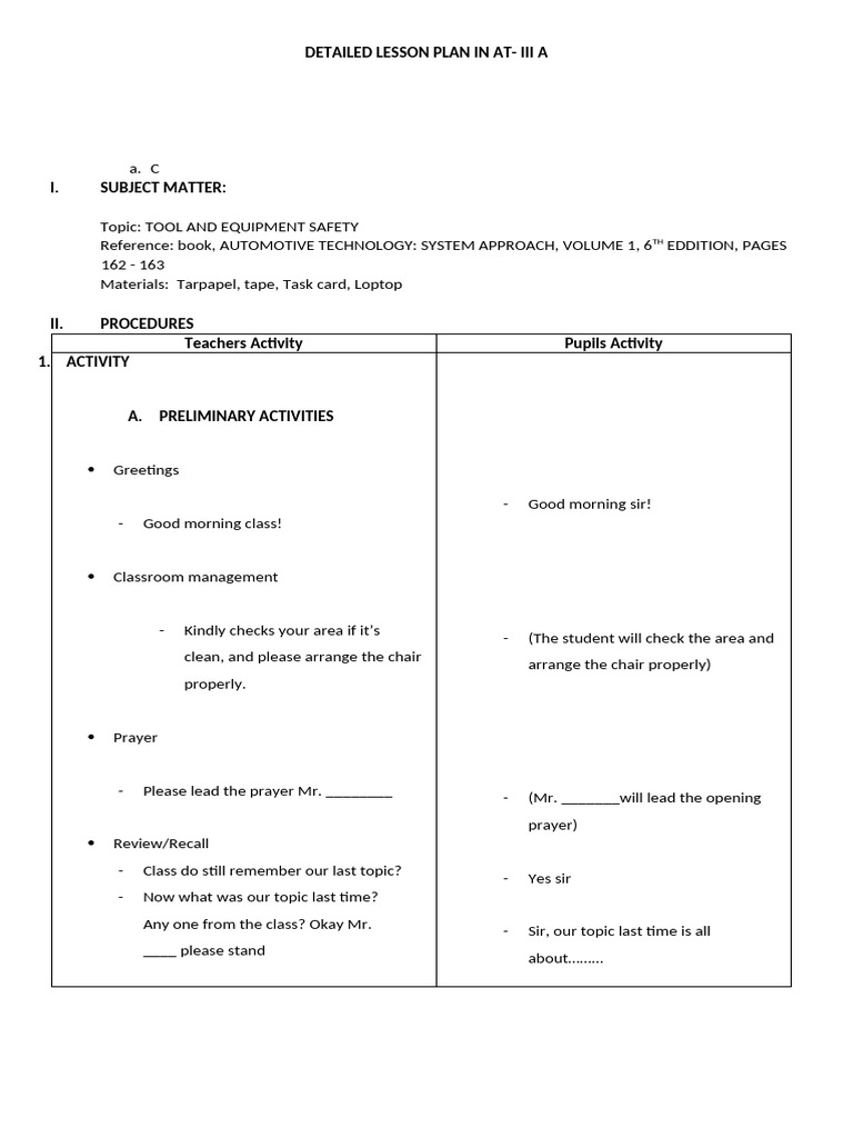 Tool and Equipment Safety Lesson Plan | PDF | Tools | Safety