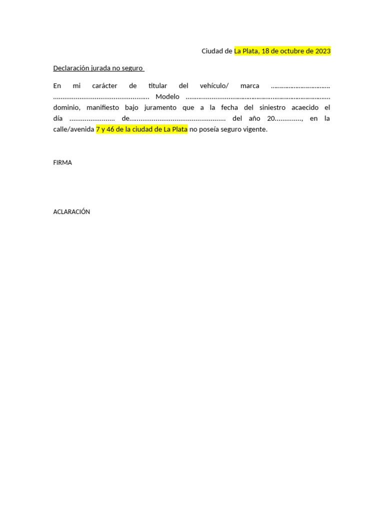 Declaración Jurada de No Seguro | PDF