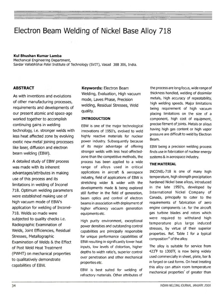 Electron Beam Welding of Inconel 718 | PDF | Welding | Construction