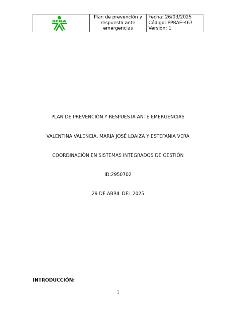 Plan de Prevención y Respuesta Ante Emergencias M.V.E 2950702 | PDF ...