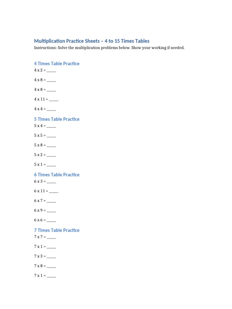 Multiplication Practice Sheets 4-15 | PDF