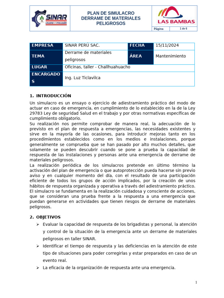 Simulacro de Derrame Químico en Sinar | PDF