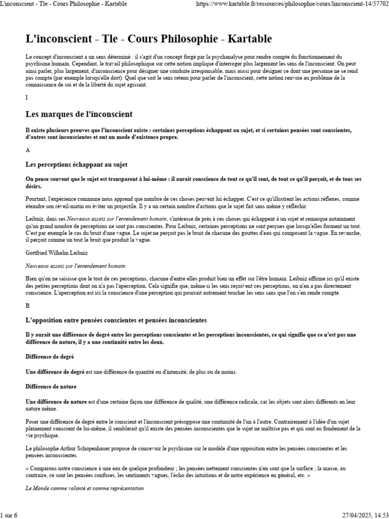L'inconscient - Tle - Cours Philosophie - Kartable | PDF | Psychanalyse ...