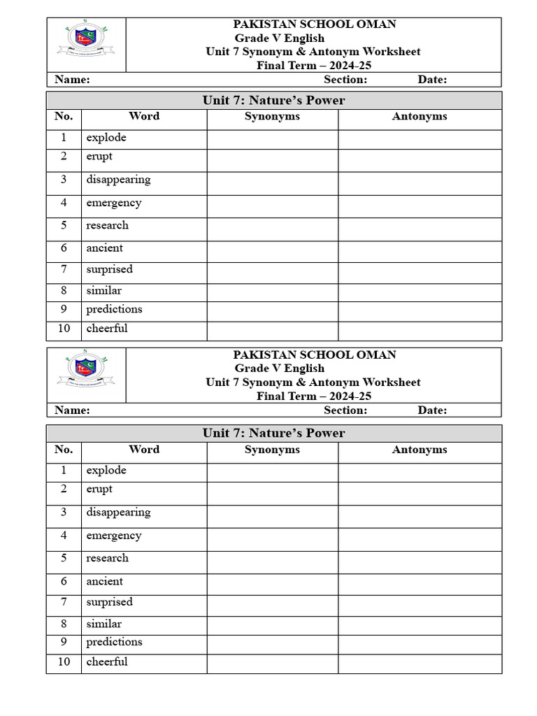Eng V Unit 7 Synonym & Antonym Worksheet | PDF