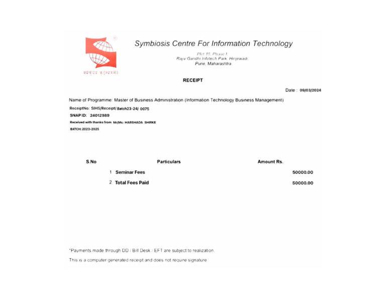 Seminar Fee Receipt | PDF