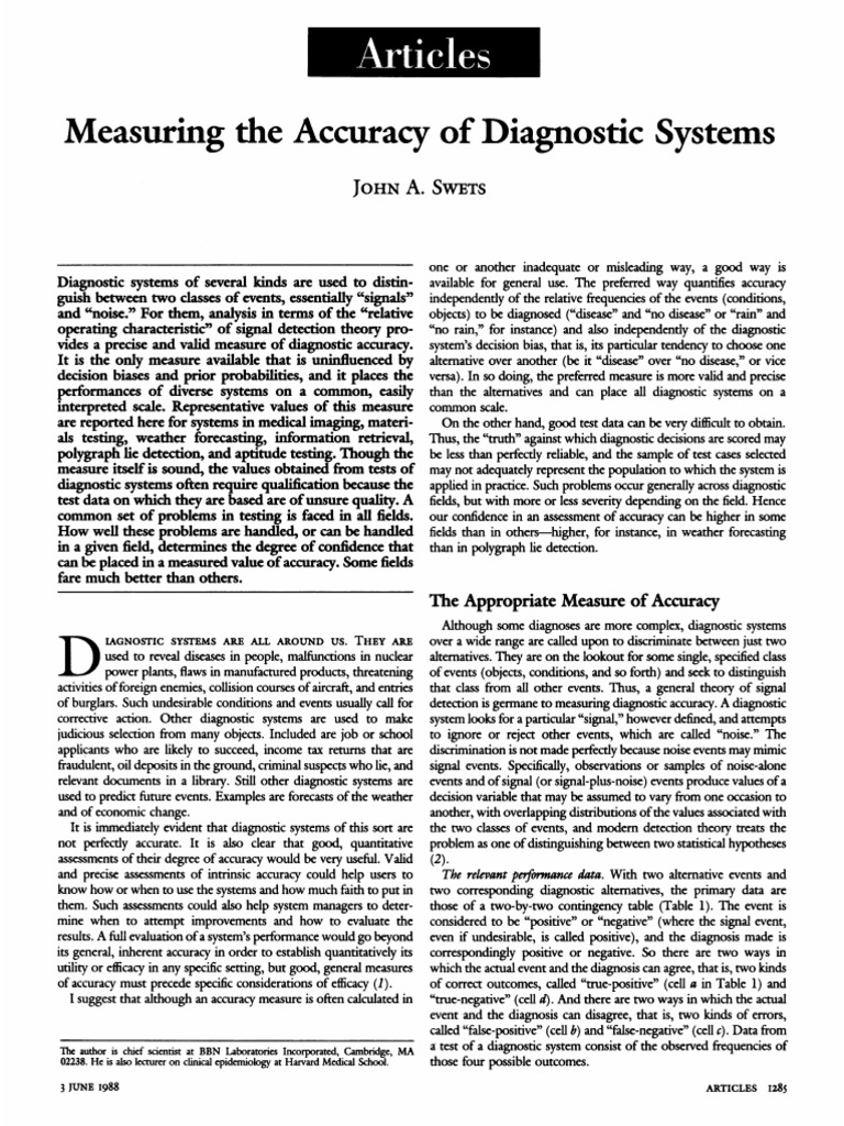 Diagnostic System Accuracy Measurement | PDF | Receiver Operating ...