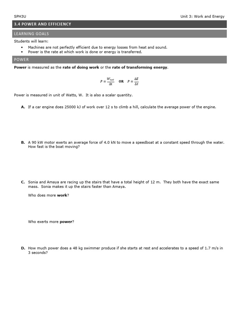 3.4 Power and Efficiency | PDF | Potential Energy | Quantity