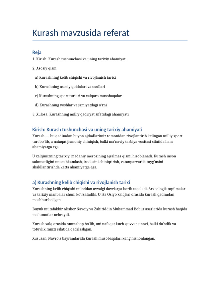Kurash Referat 15 Varaq | PDF
