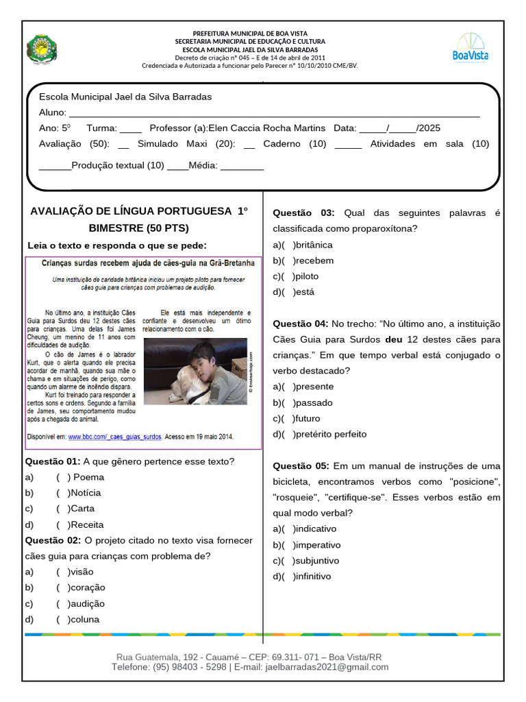 Avaliação de Língua Portuguesa 1º Bimestre | PDF | Famílias ...