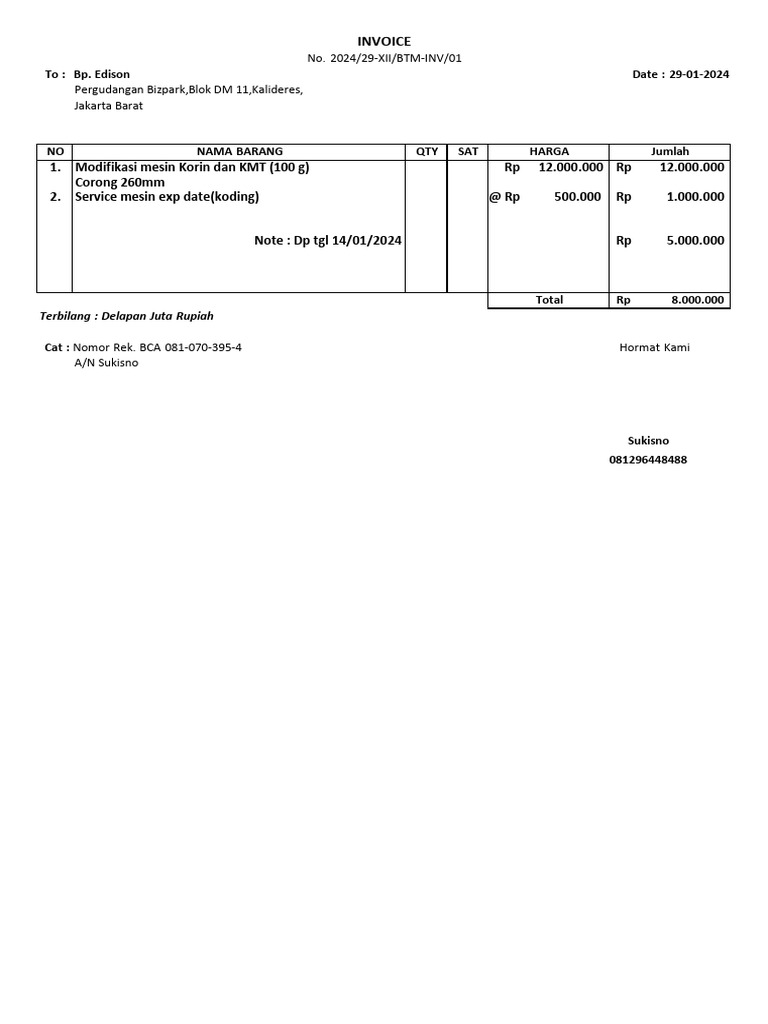 Invoice Pembayaran Mesin dan Service | PDF