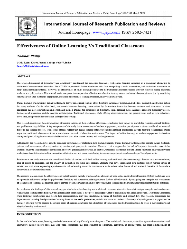 Online vs Traditional Learning Effectiveness | PDF | Educational ...