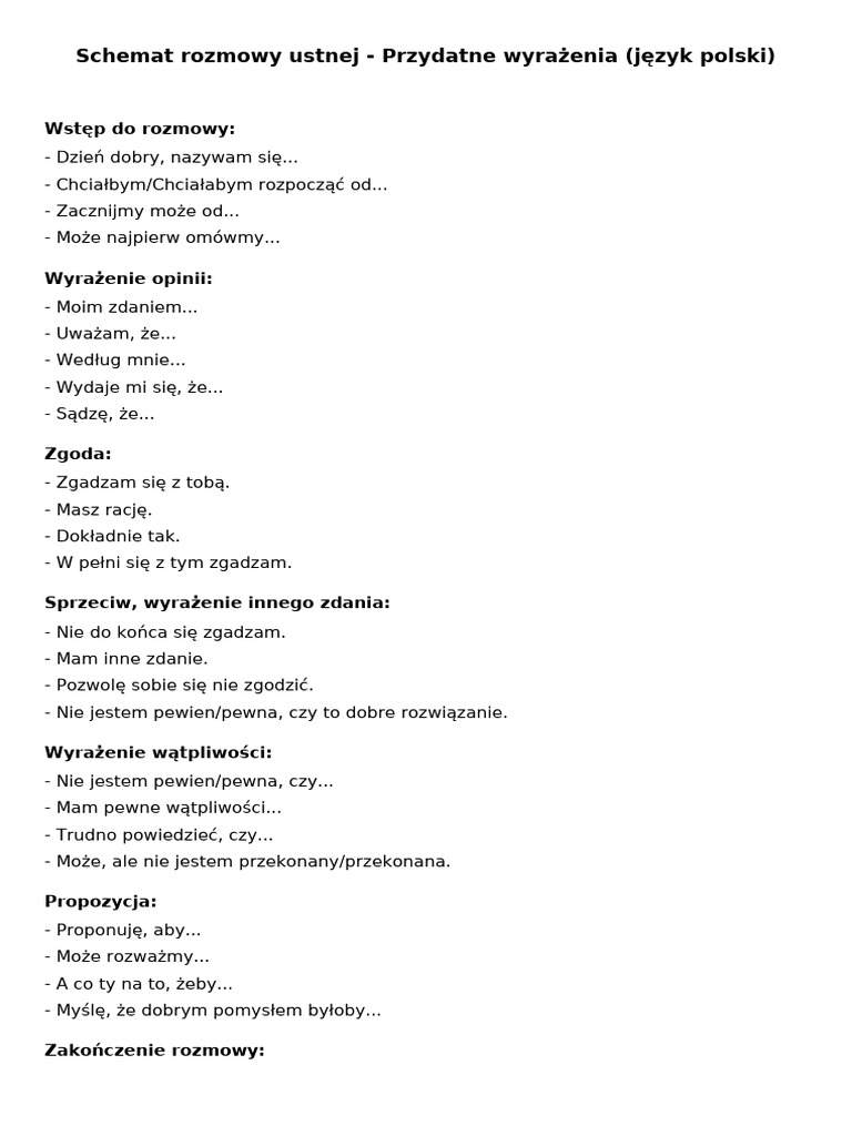 Schemat Rozmowy Ustnej Polski | PDF