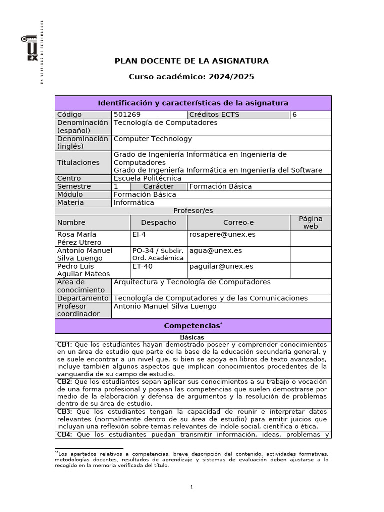 Plan Docente de La Asignatura Curso Académico: 2024/2025 | PDF ...