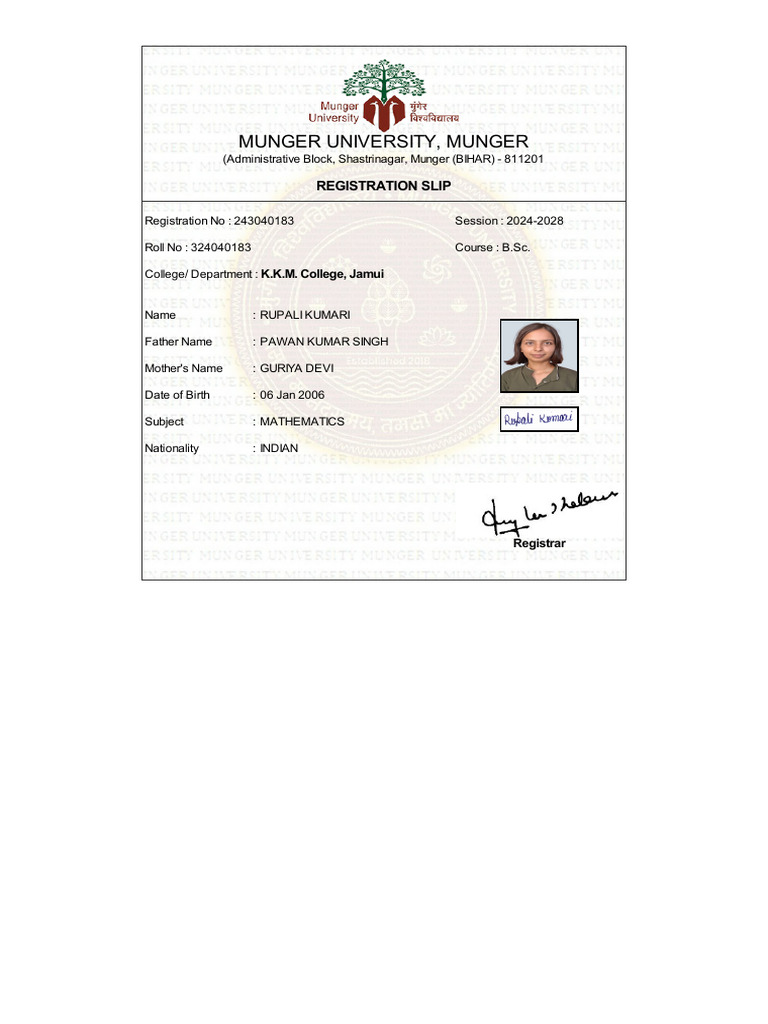 Munger University Registration Slip | PDF