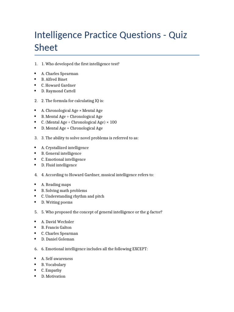 Intelligence Practice Quiz Pdf Intelligence Quotient Intelligence