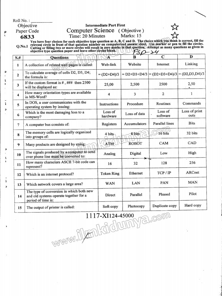 Past Paper 2024 Faisalabad Board Inter Part I Computer Science ...