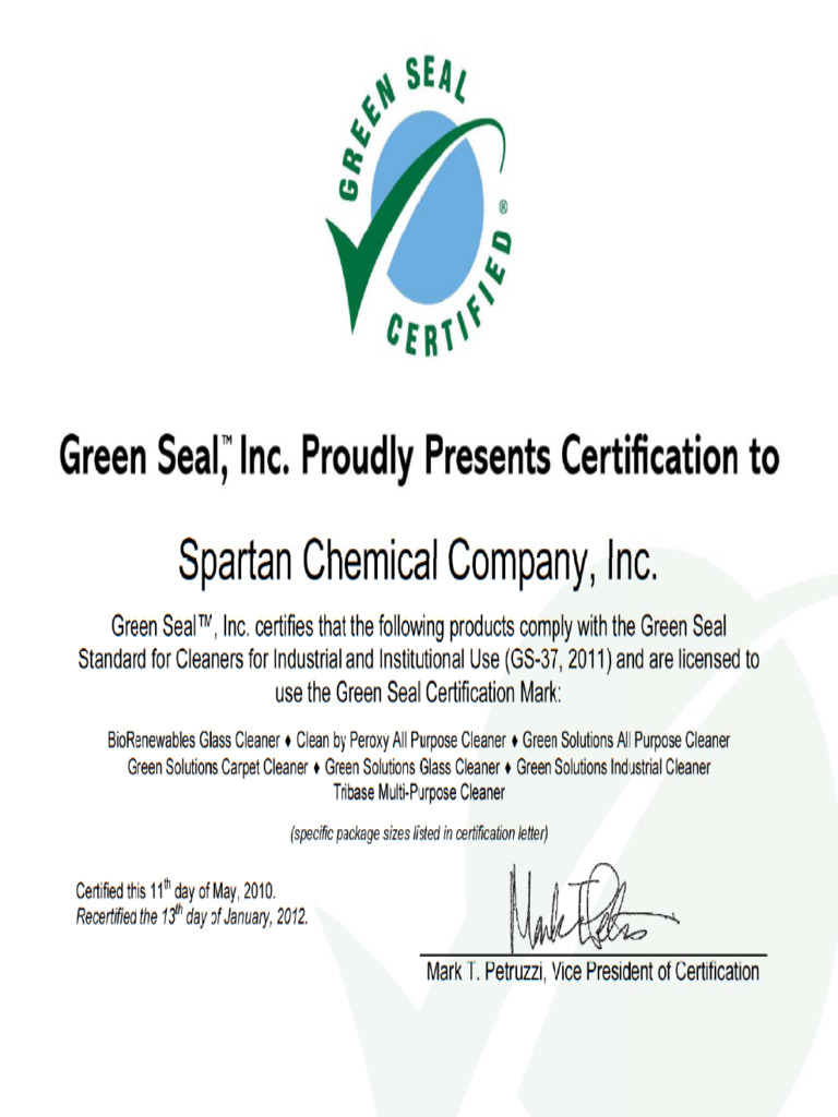 Green Seal-37 Certificate 2012 Clean by Peroxy | PDF