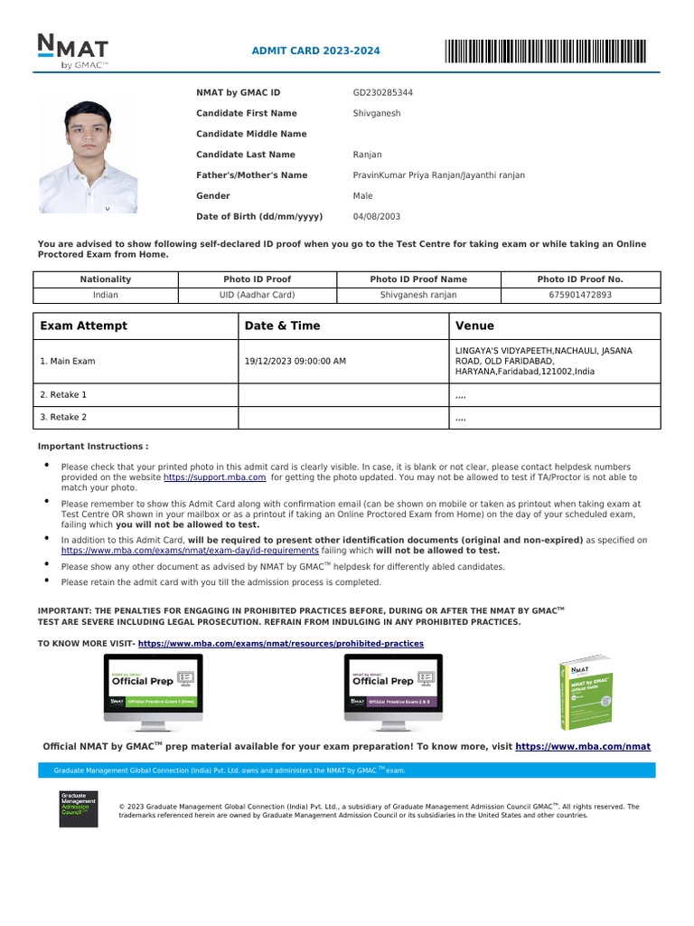 NMAT Admit Card Format 2023-2024 | PDF | Authentication