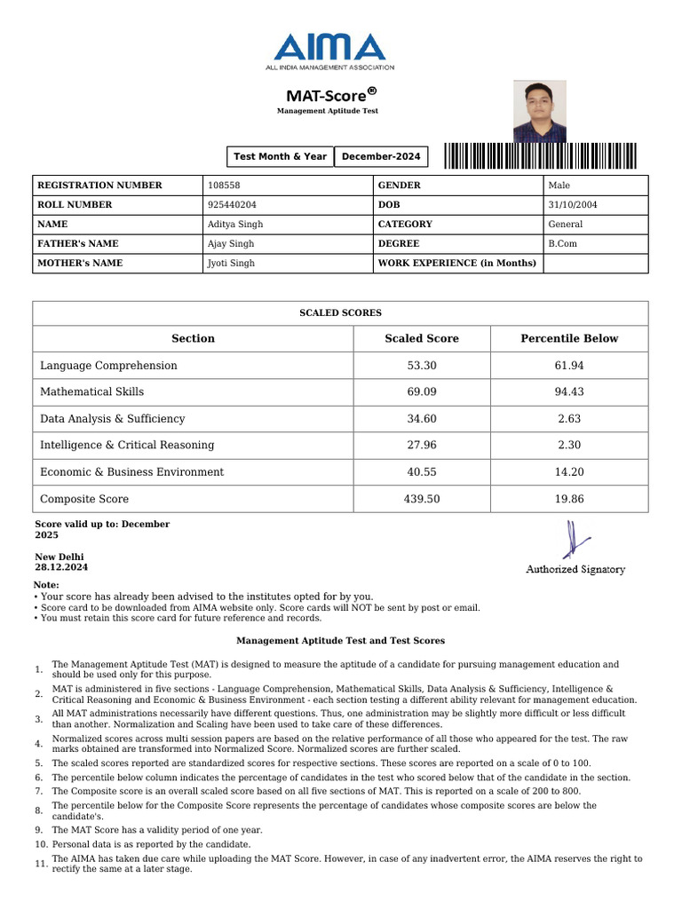 MAT December 2024 Score Report | PDF | Evaluation Methods