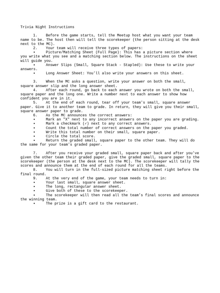 Trivia Night Game Instructions | PDF