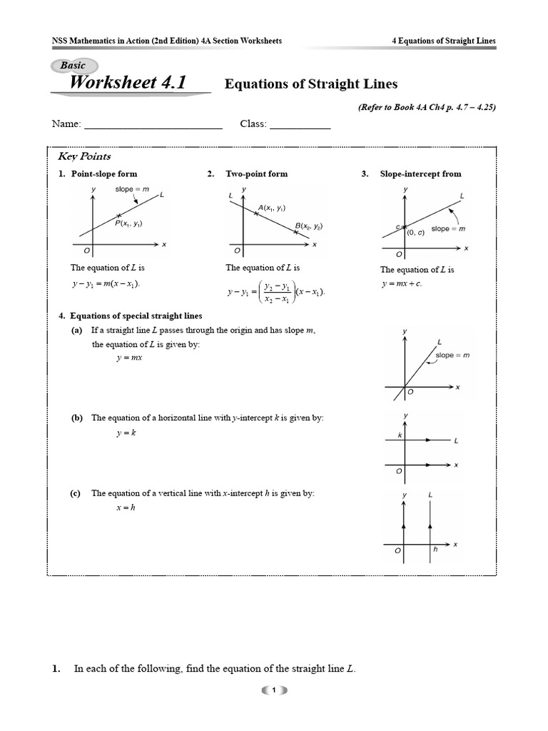 Worksheet 4.1: Equations of Straight Lines | PDF | Line (Geometry) | Slope