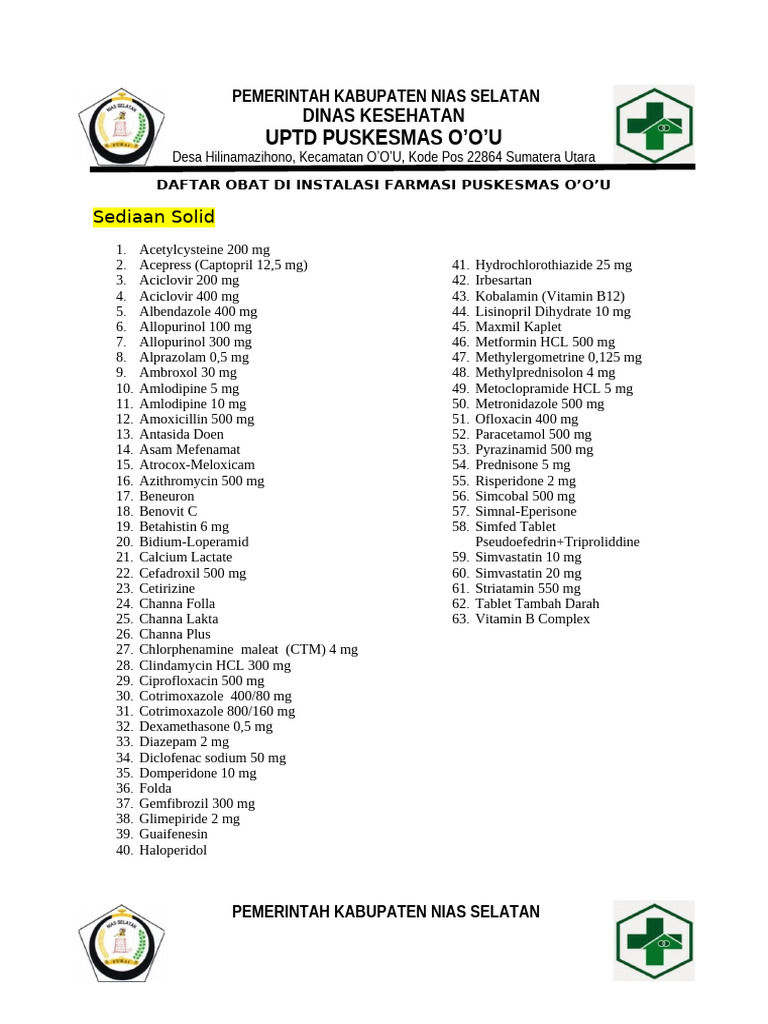 Daftar Obat Di Instalansi Farmasi Puskesmas | PDF | Drugs | World ...