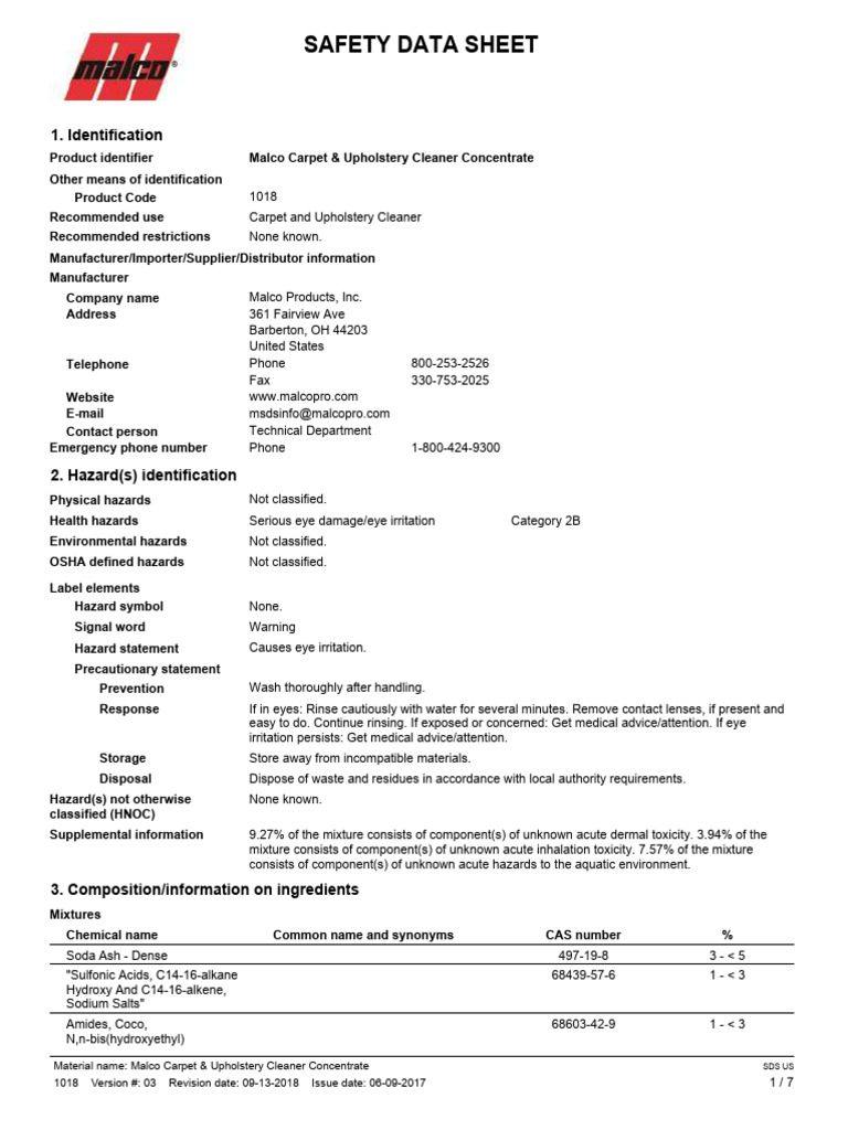 Malco Carpet Cleaner Safety Data Sheet | PDF | Toxicity | Dangerous Goods